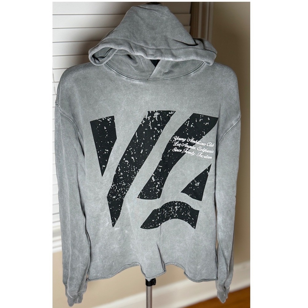 YoungLA 568 Icon Washed Hoodie Men's L Gray Young Ambitious Club Raw Hem NWOT